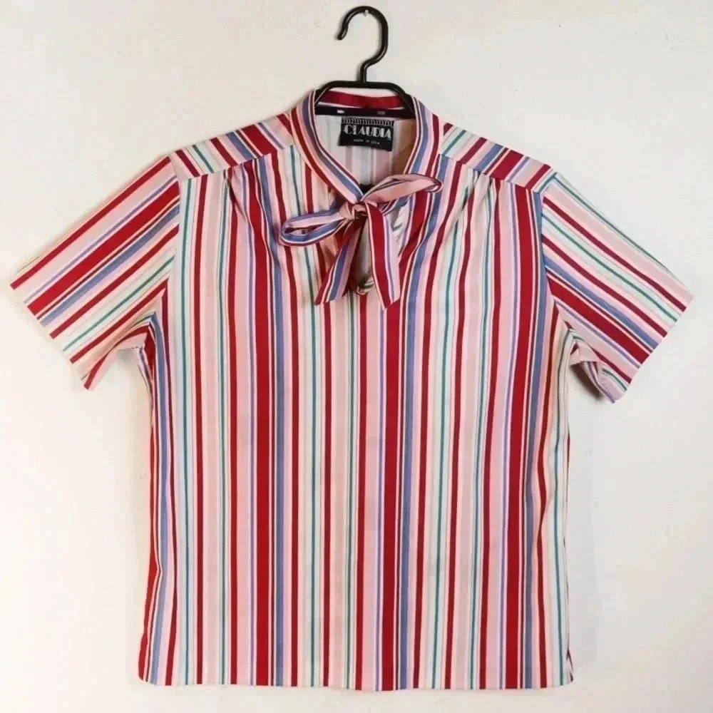 Vintage 70s Striped Pastel Pink Blue Stripe Top with Tie Bow Collar Detail